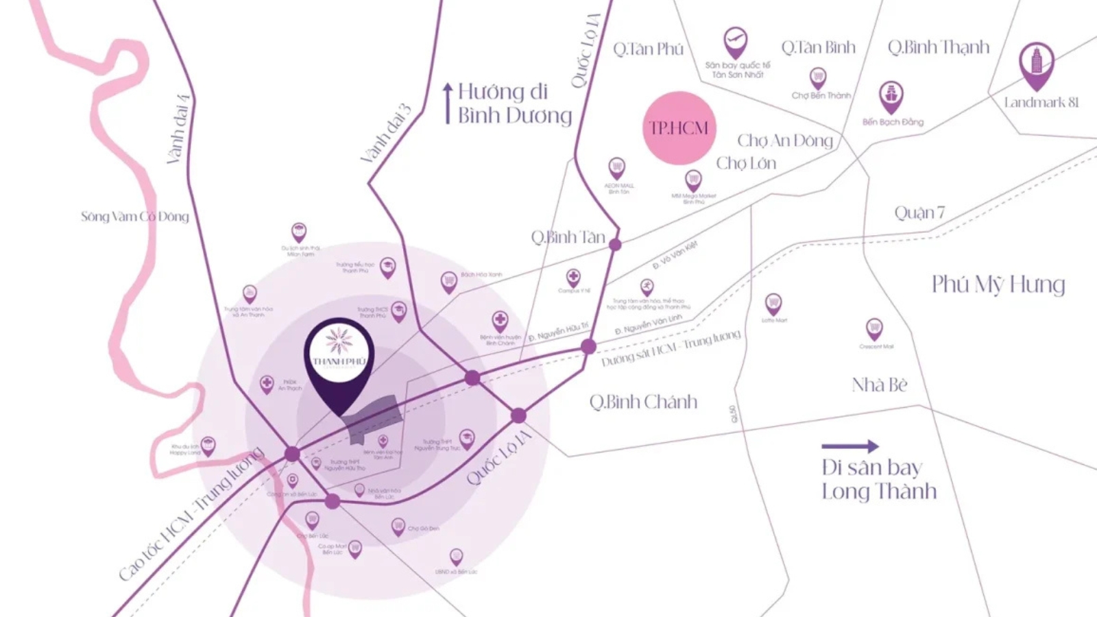 Sơ đồ kết nối hạ tầng giao thông chiến lược xung quanh đại đô thị Thanh Phú Centre Point.